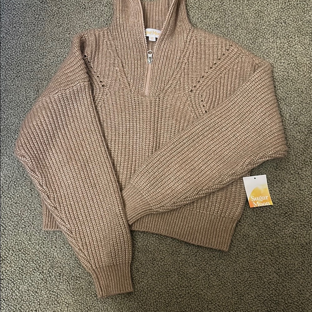 Tan Cowl Neck Sweater with Ribbed Knit Pattern